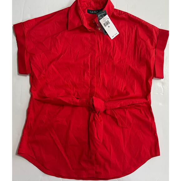 Lauren Ralph Lauren Deep Red Cotton Tie Front Shirt 200747474002 Size M NWT - Picture 8 of 16